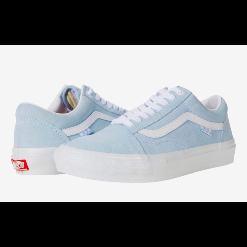 Size 4 leather Light Blue Vans tennis shoes. Worn once. Still like new.